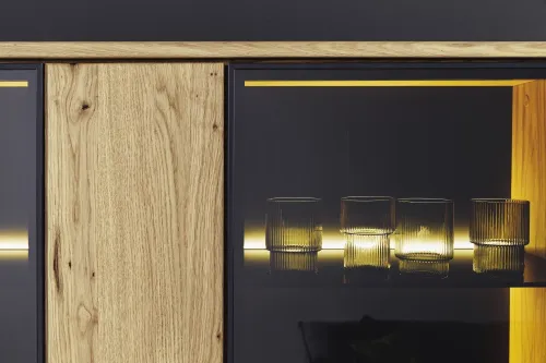 Wohnwand Anbauwand Arezzo | Wildeiche massiv / anthrazit | 3-teilig | LED Beleuchtung