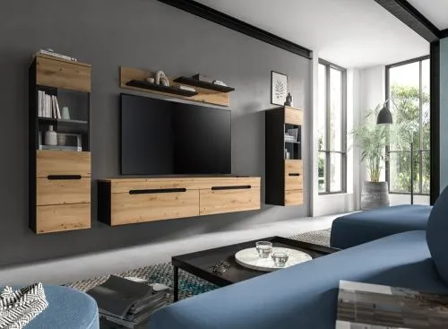 Wohnwand Anbauwand Canu | 3-teilig | Artisan / Basalt Grau | LED Beleuchtung