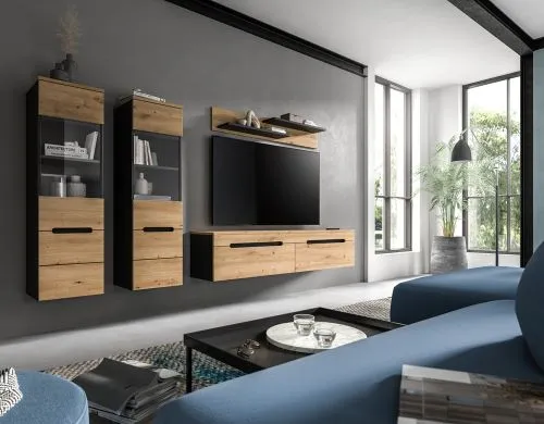 Wohnwand Anbauwand Canu | 3-teilig | Artisan / Basalt Grau | LED Beleuchtung