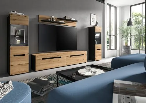 Wohnwand Anbauwand Canu | 3-teilig | Artisan / Basalt Grau | mit Beleuchtung