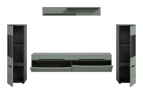 Wohnwand Anbauwand Canu | 3-teilig | Smoke Green / Basalt Grau | LED Beleuchtung