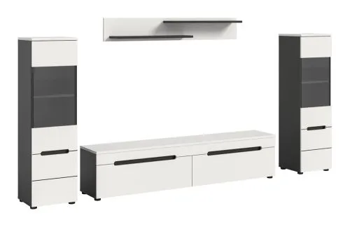 Wohnwand Anbauwand Canu, 3-teilig, weiß, Basalt Grau, Schrankwand mit TV-Board, 2 Seitenschränke, Wandboard oben
