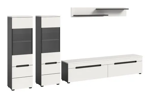 Wohnwand Anbauwand Canu, 3-teilig, weiß, Basalt Grau, Schrankwand mit TV-Board, 2 Seitenschränke, Wandboard oben – Ansicht 3