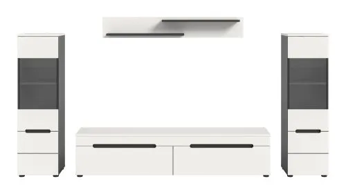 Wohnwand Anbauwand Canu, 3-teilig, weiß, Basalt Grau, Schrankwand mit TV-Board, 2 Seitenschränke, Wandboard oben – Ansicht 4