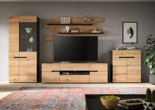 Wohnwand Anbauwand Canu | 4-teilig | Artisan / Basalt Grau | LED Beleuchtung