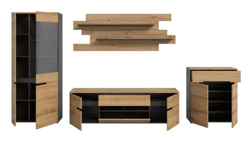 Wohnwand Anbauwand Canu | 4-teilig | Artisan / Basalt Grau | LED Beleuchtung