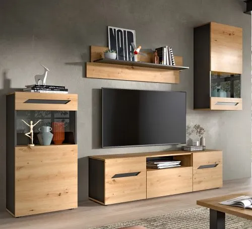 Wohnwand Anbauwand Caserta | 4-teilig | Artisan Eiche / Basalt grau | LED Beleuchtung