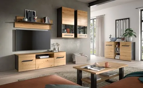 Wohnwand Anbauwand Caserta | 4-teilig | Artisan Eiche / Basalt grau | ohne Beleuchtung