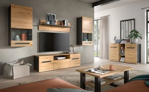 Wohnwand Anbauwand Caserta | 4-teilig | Artisan Eiche / Basalt grau | ohne Beleuchtung