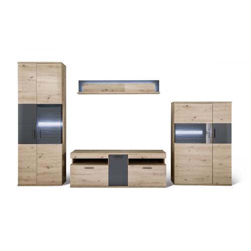 Wohnwand Anbauwand Cortona | Balkeneiche / anthrazit | 4-teilig | LED Beleuchtung