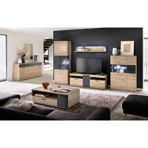 Wohnwand Anbauwand Cortona | Balkeneiche / anthrazit | 4-teilig | LED Beleuchtung