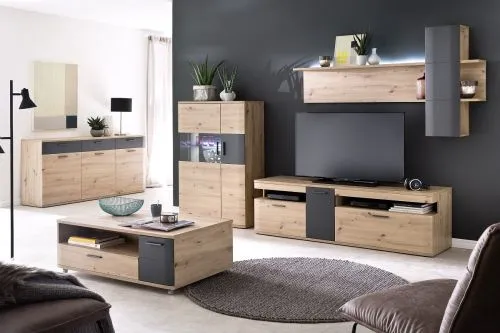 Wohnwand Anbauwand Cortona 2 | Balkeneiche / anthrazit | 3-teilig | LED Beleuchtung 1
