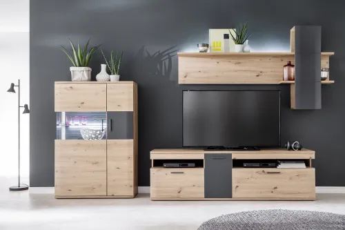 Wohnwand Anbauwand Cortona 2 | Balkeneiche / anthrazit | 3-teilig | LED Beleuchtung