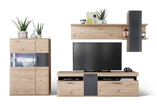 Wohnwand Anbauwand Cortona 2 | Balkeneiche / anthrazit | 3-teilig | LED Beleuchtung