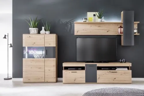 Wohnwand Anbauwand Cortona 2 | Balkeneiche / anthrazit | 3-teilig | LED Beleuchtung