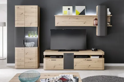 Wohnwand Anbauwand Cortona | Balkeneiche / anthrazit | 3-teilig | LED Beleuchtung