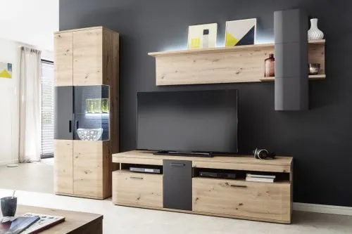 Wohnwand Anbauwand Cortona | Balkeneiche / anthrazit | 3-teilig | LED Beleuchtung 3