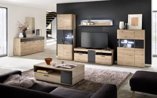 Wohnwand Anbauwand Cortona | Balkeneiche / anthrazit | 4-teilig | LED Beleuchtung 3