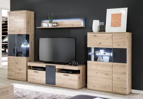 Wohnwand Anbauwand Cortona | Balkeneiche / anthrazit | 4-teilig | LED Beleuchtung 4