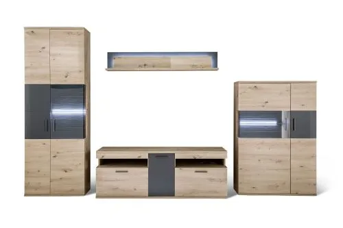 Wohnwand Anbauwand Cortona | Balkeneiche / anthrazit | 4-teilig | LED Beleuchtung 4