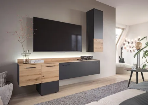 Wohnwand Anbauwand Goal | 2-teilig | grau / Evoke Oak | inkl. Beleuchtung