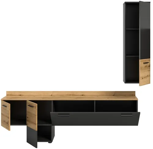 Wohnwand Anbauwand Goal | 2-teilig | grau / Evoke Oak | inkl. Beleuchtung