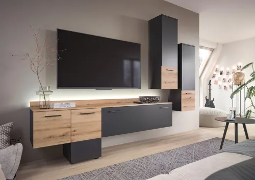Wohnwand Anbauwand Goal | 3-teilig | grau / Evoke Oak | inkl. Beleuchtung