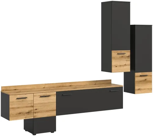 Wohnwand Anbauwand Goal | 3-teilig | grau / Evoke Oak | inkl. Beleuchtung