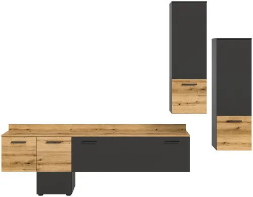 Wohnwand Anbauwand Goal | 3-teilig | grau / Evoke Oak | inkl. Beleuchtung