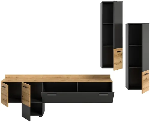 Wohnwand Anbauwand Goal | 3-teilig | grau / Evoke Oak | inkl. Beleuchtung