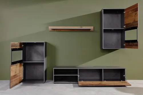 Wohnwand Anbauwand Mango | Old Used Wood / Matera grau | 4-teilig | LED Beleuchtung