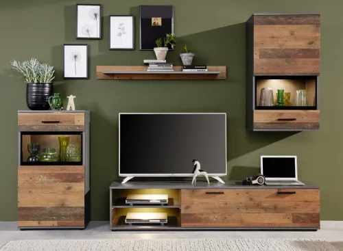 Wohnwand Anbauwand Mango | Old Used Wood / Matera grau | 4-teilig | LED Beleuchtung