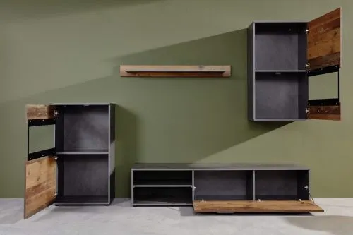 Wohnwand Anbauwand Mango | Old Used Wood / Matera grau | 4-teilig | LED Beleuchtung 7