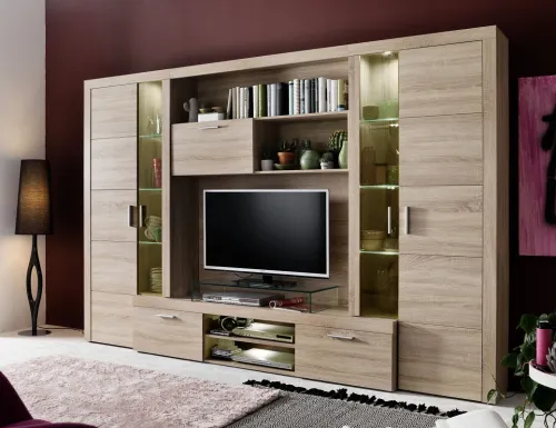 Wohnwand Anbauwand Mondeo | Eiche sägerau hell | 5-teilig | inkl. LED Beleuchtung