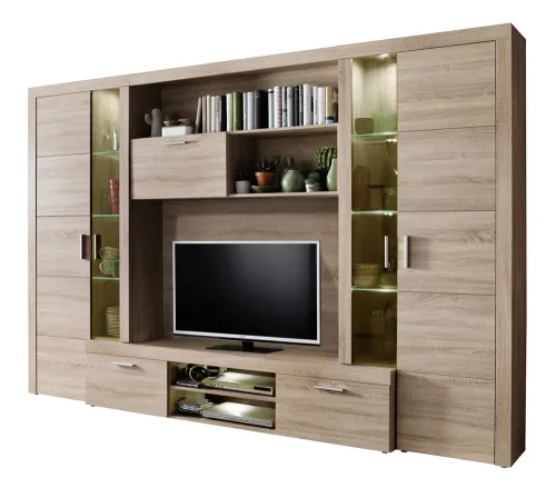 Wohnwand Anbauwand Mondeo | Eiche sägerau hell | 5-teilig | inkl. LED Beleuchtung