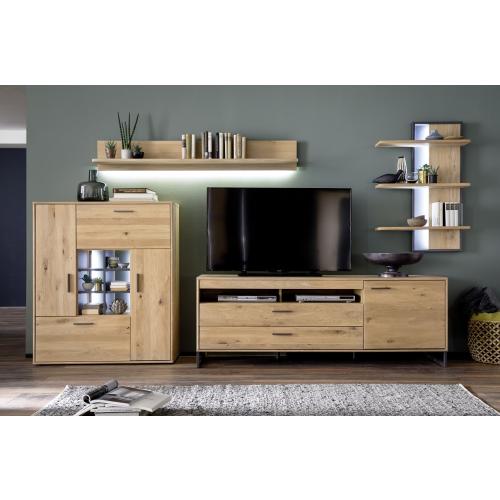 Wohnwand Anbauwand Portland | Asteiche Bianco massiv | 4-teilig | LED Beleuchtung