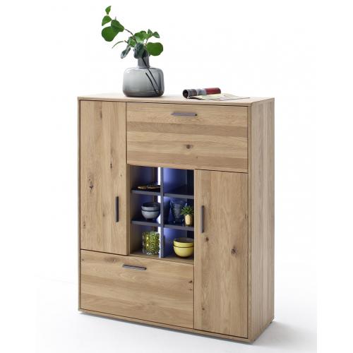 Wohnwand Anbauwand Portland | Asteiche Bianco massiv | 4-teilig | LED Beleuchtung