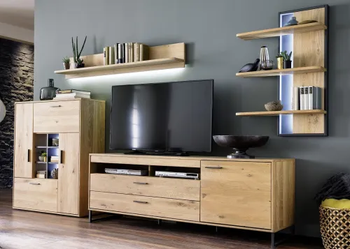 Wohnwand Anbauwand Portland | Asteiche Bianco massiv | 4-teilig