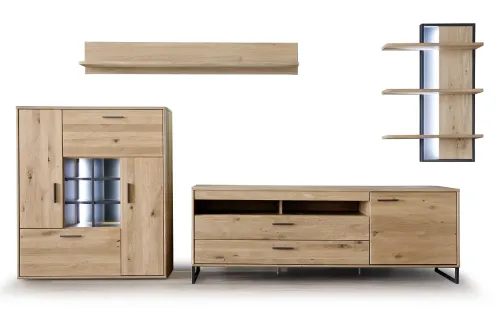 Wohnwand Anbauwand Portland | Asteiche Bianco massiv | 4-teilig