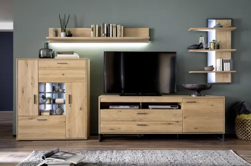 Wohnwand Anbauwand Portland | Asteiche Bianco massiv | 4-teilig | LED Beleuchtung