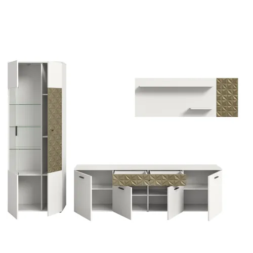 Wohnwand Anbauwand Prisma | 3-teilig | weiß / Gold | mit 2er Set LED Unterbauspot