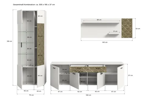 Wohnwand Anbauwand Prisma | 3-teilig | weiß / Gold | mit 2er Set LED Unterbauspot