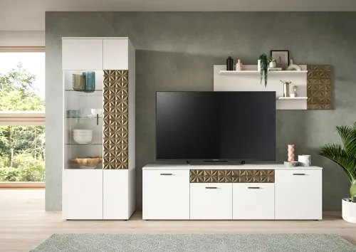 Wohnwand Anbauwand Prisma | 3-teilig | weiß / Gold | ohne Beleuchtung