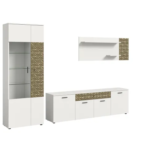 Wohnwand Anbauwand Prisma | 3-teilig | weiß / Gold | ohne Beleuchtung