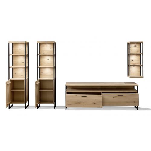 Wohnwand Anbauwand Salerno | Balkeneiche / Eiche Bianco | 4-teilig | LED Beleuchtung