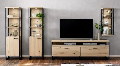 Wohnwand Anbauwand Salerno | Balkeneiche / Eiche Bianco | 4-teilig | LED Beleuchtung