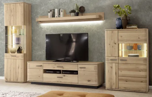 Wohnwand Anbauwand Salvador 1 | Balkeneiche Bianco | 4-teilig | LED Beleuchtung Highboard