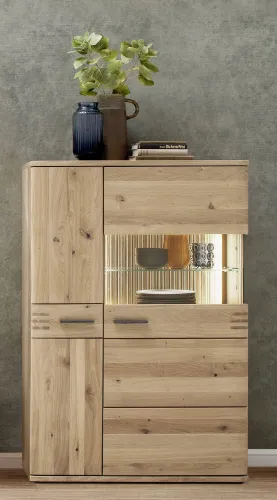 Wohnwand Anbauwand Salvador 1 | Balkeneiche Bianco | 4-teilig | LED Beleuchtung Highboard