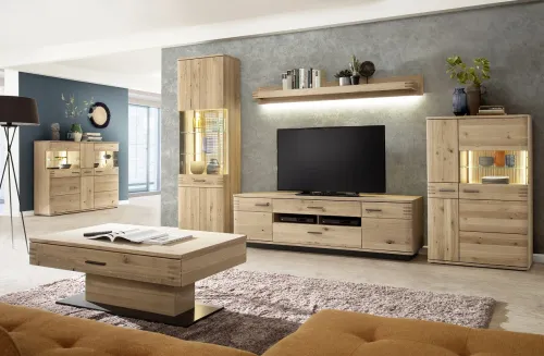 Wohnwand Anbauwand Salvador 1 | Balkeneiche Bianco | 4-teilig | LED Beleuchtung Highboard