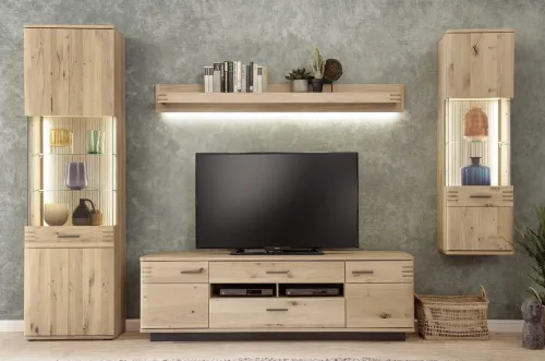Wohnwand Anbauwand Salvador | Balkeneiche Bianco | 4-teilig | LED Beleuchtung